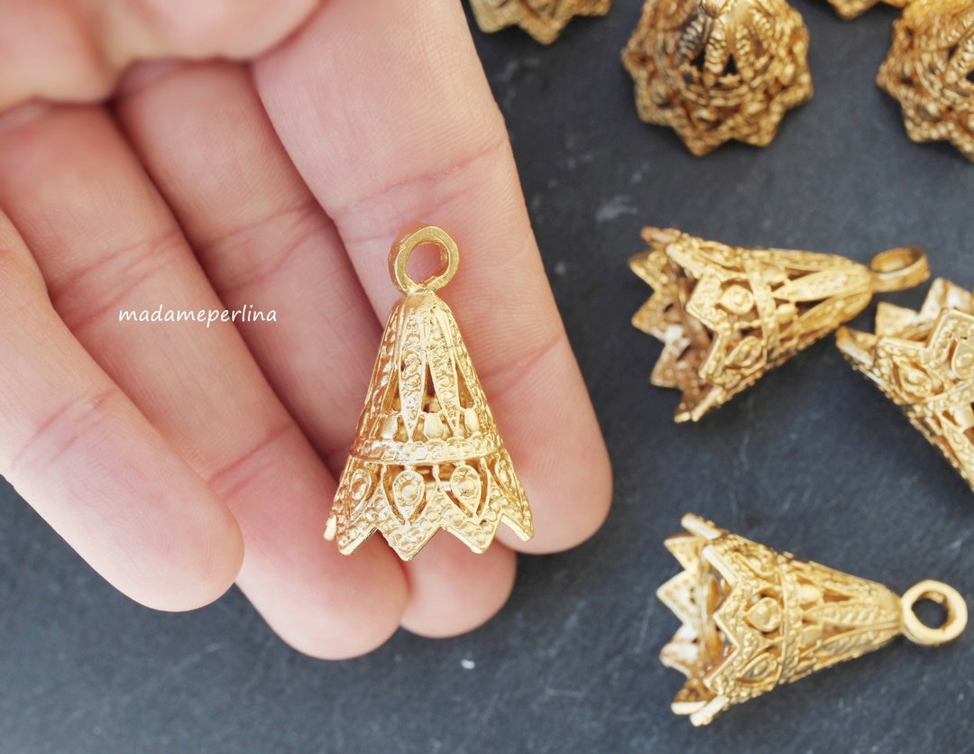 1 Cone Large End Cap 24K Matte Gold Plated Bead Tassel Blank Caps With