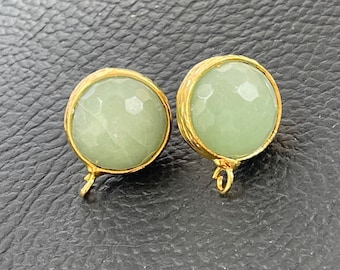Earrings Posts 1 PAIR  connector studs Green gemstone jade setting blank Gold plated Turkish jewelry supply  MDLA1082