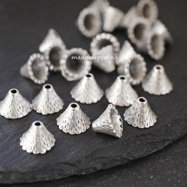 6  Cone Bead End Caps Matte Silver plated Textured Turkish jewelry supply mdla0395B
