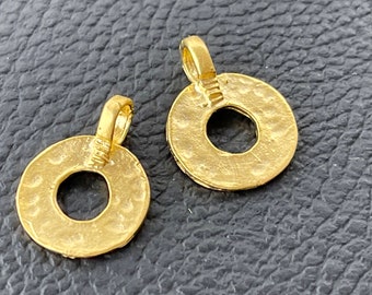 2 Pcs Matte Gold Plated Hammered Pendant Charms, Round Donut Loops, Textured Jewelry Making Findings DIY,  533A