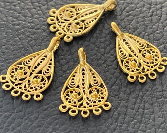 Matte Gold Plated Filigree Chandelier Connector Charms, Teardrop Multi-Hole Pendant Findings For Jewelry Making Crafts, 409A