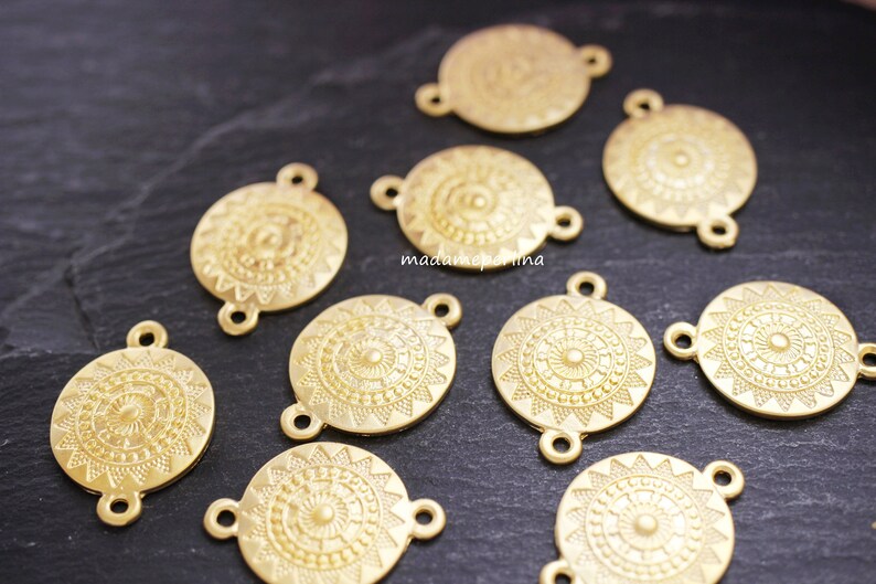 2 Mandala Coins Links Connectors 24K Matte Gold plated Sun boho tribal style Turkish Jewellery supplies crafts mdla0585A
