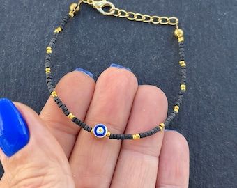 WHOLESALE   5 pcs   Evil Eye Thin Bracelet Gold plated beaded evileye black afghan beads Turkish jewelry  BLZ60C