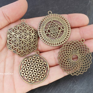 1  Sacred Geometry Pendant Bronze Plate Flower of Life Torus Yantra Trinity Sri Yantra Turkish jewelry supply mdla0662