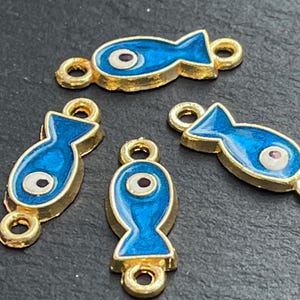 4  Fish Evil Eye Connector Charms Gold plated Blue enamel amulet links Turkish jewelry supply mdla0723-10