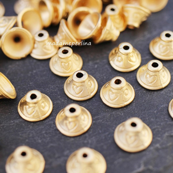 10   Bead Cone Caps  24K Matte Gold Plated hearts caps for 6mm beads  Turkish jewelry supply mdla0157A