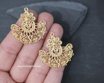 Matte Gold Plated Filigree Connector Pendants 2pcs Floral Lace Charms Multi Loop Earring Links Jewelry Making DIY, 419A
