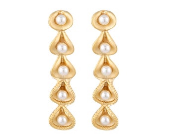 Glass Pearls Earrings Gold plated Long cone bar Turkish hand made jewelry KP287