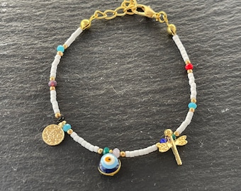 White Evil Eye Thin Bracelet Gold plated beaded Tugra Dragonfly Skimmer coins charms Turkish jewelry  BLZ58