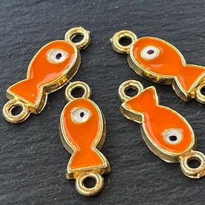4  Fish Evil Eye Connector Charms Gold plated orange enamel amulet links Turkish jewelry supply mdla0723-9