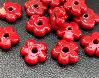 Handcrafted Red Lampwork Glass Flower Beads, 6 Pcs Artisan Hobby Jewelry Making Unique Supply, 1447A