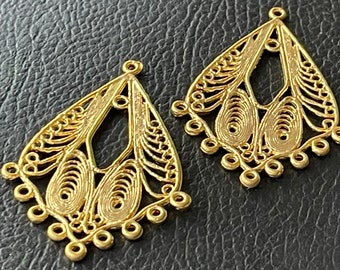 Matte Gold Plated Chandelier Pendants 2 Pcs, Filigree Teardrop Earring Components, Boho Jewelry Findings, DIY Necklace Making Supply, 536A