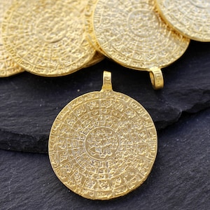 1  Phaistos Disc Pendant Matte Gold plated Phaestos Greek Roman Turkish Jewelry supply  mdla0864A