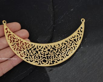 Gold Plated Crescent Collar Pendant, Filigree Statement Necklace Connector Charm for Boho DIY Jewelry Making Supplies, 1204D
