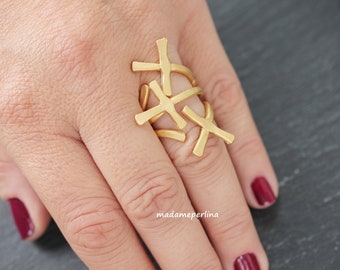 Mat vergulde ring met drie kruisen verstelbare open band ring minimalistische religieuze sieraden statement christelijk cadeau voor haar, 155