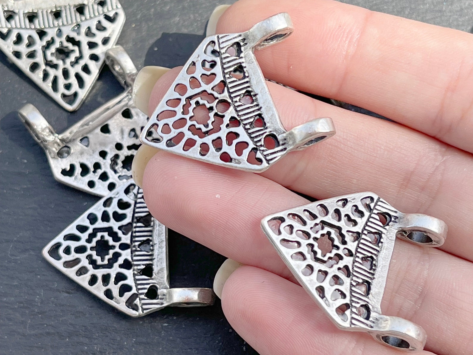 2 Triangle Pendants Silver Plated Triangular Boho Ethnic Style Etsy