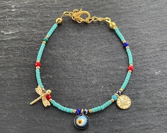 Turquoise Evil Eye Thin Bracelet Gold plated beaded Tugra Dragonfly Skimmer coins charms Turkish jewelry  BLZ58