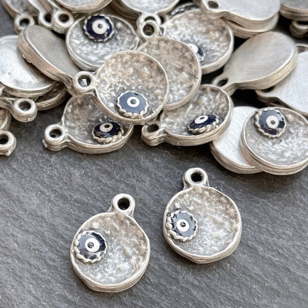 2   Evil Eye Pendants Blue Silver plated enameled hammered rustic coins Turkish jewelry supply mdla0627B