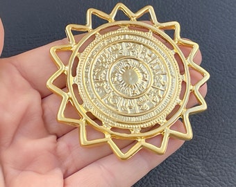 Pingente grande banhado a ouro fosco com o símbolo do Sol, medalhão celestial do horóscopo para confecção de joias marcantes, mdla1189A