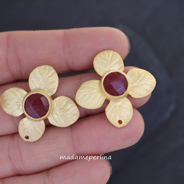 Earrings Posts Beading Blank 1 PAIR 24K Matte Gold plated connectors ear studs gem Red flowers Turkish jewelry supply mdla0986E