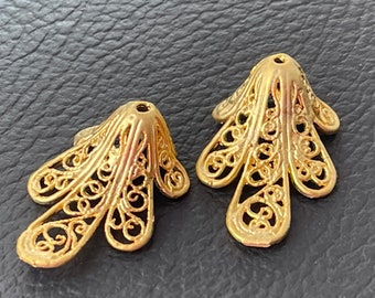 2  Filigree Bead Caps 24K Matte Gold plated Cone splay Cap floral Turkish jewelry supply  mdla0405