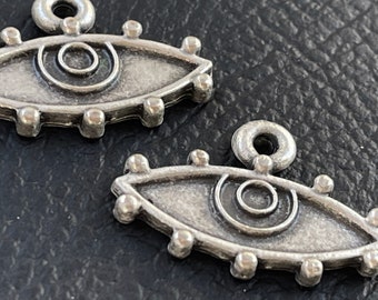 Silver Plated Evil Eye Pendant Charms, Dotted Protection Talisman 2PCS, Antique Style Jewelry Making Supplies, 328B