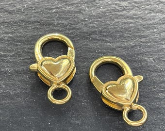 Gold Plated Lobster Clasp 2PCS Heart Shaped Closures Jewelry Making DIY, mdla0086