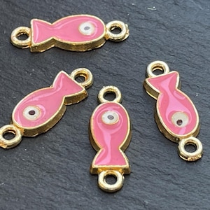 4  Fish Evil Eye Connector Charms Gold plated pink enamel amulet links Turkish jewelry supply mdla0723-7