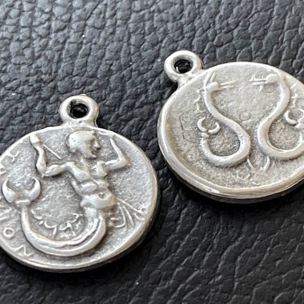 2  Greek Roman Coin Pendant Triton replica Matte Silver plated Turkish jewelry supply  mdla1056B