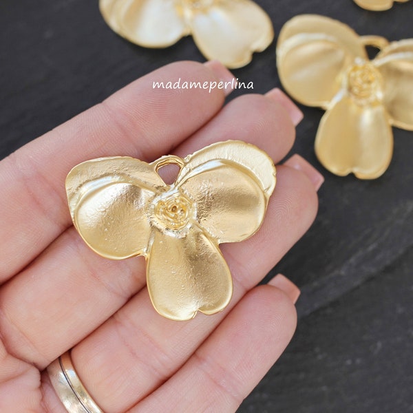 1   Rose Orchid Pendant Large Flower 24K Matte Gold plated Orchidaceae floral Turkish Jewelry supply mdla0224A
