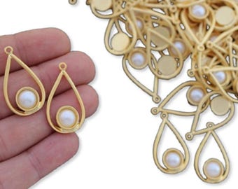 Faux Pearl Matte Gold Plated Teardrop Pendants for Jewelry Making Drop Charm Supplies, 1356A