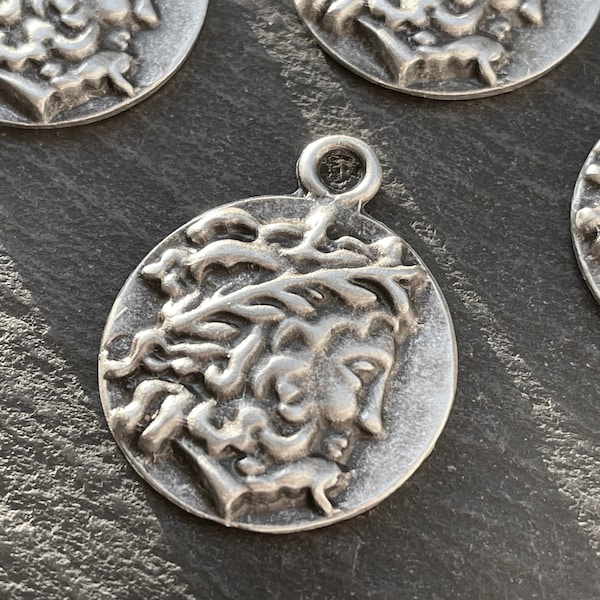 1 Roman Replica Pendant Matte Silver plated Greek coin ancient Turkish jewelry supply mdla0740B