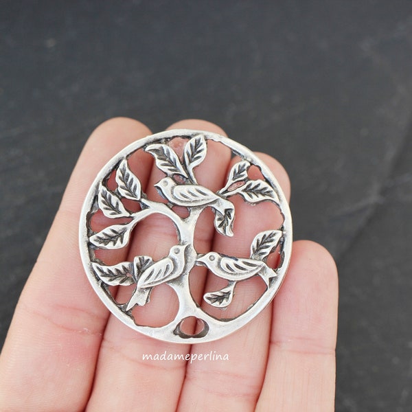 1  Connector Pendant Silver Plated Birds on branch framed Filigree medallion Turkish jewelry supply mdla0239B