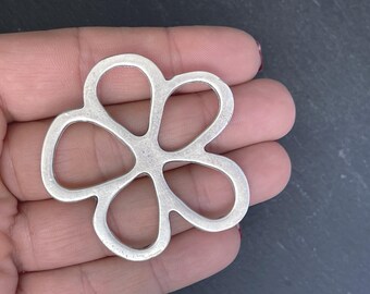 Silver Plated Flower Pendant, Large Openwork Floral Charm, Five Petal Statement Pendant for Necklace DIY Jewelry Making Supplies, 599B