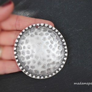 1  Large Pendant Matte Silver plated Hammered medallion  Turkish jewelry supply mdla1087B