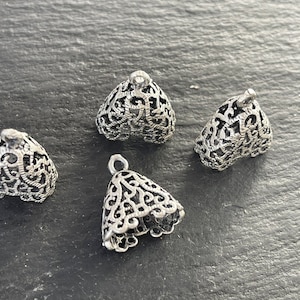 4   Flat End Caps Silver plated Triangle Cone end caps filigree floral Turkish jewelry supply mdla0597B