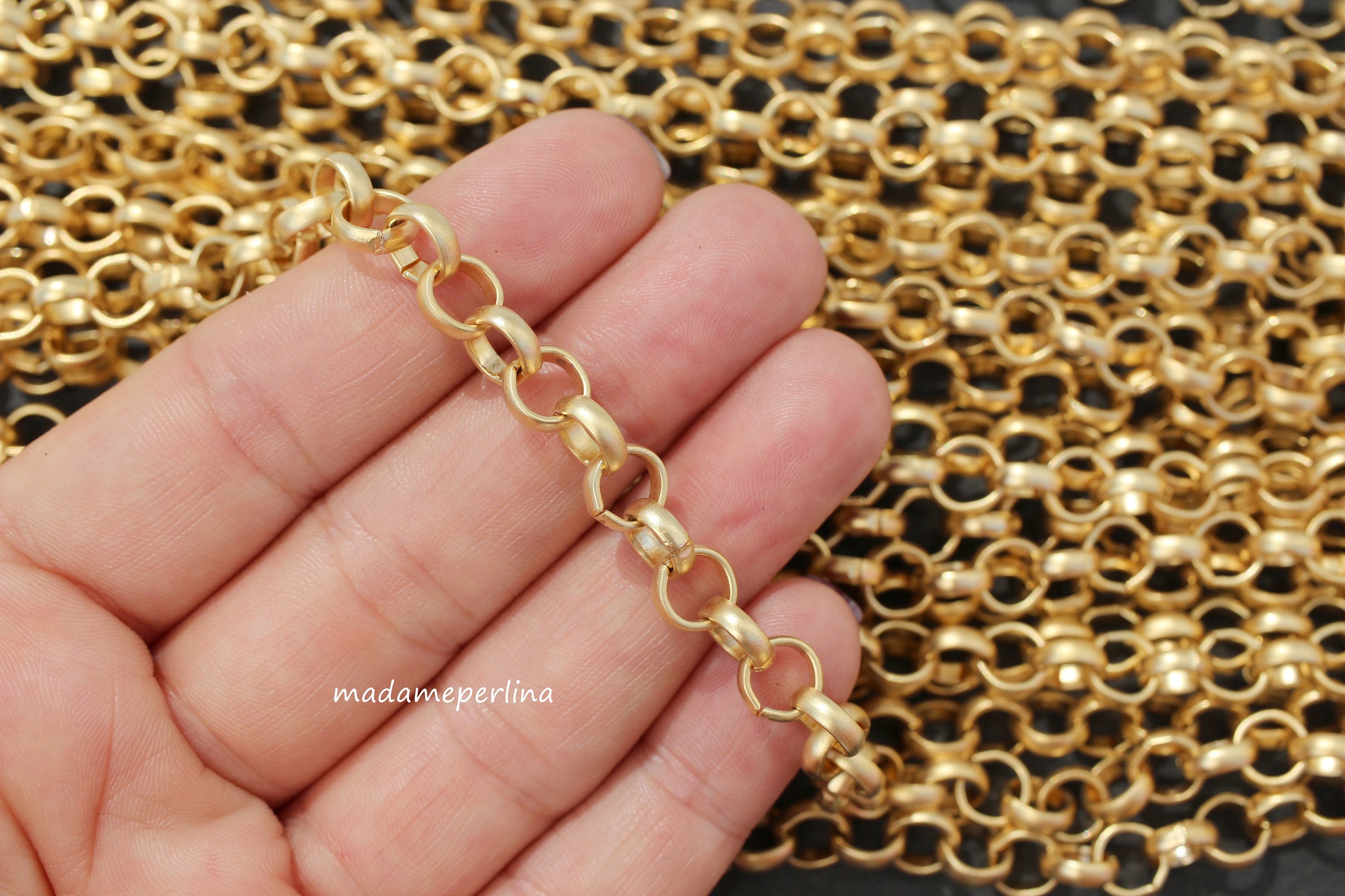 8mm Rolo Chain Matte Gold Plated 3.3 Feet Round Open Links 1 Meter