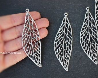 1   Large Leaf Pendant Matte Silver plated  filigree Turkish Jewelry supply mdla0047B