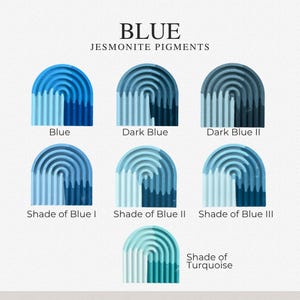 May include: A color chart titled BLUE JESMONITE PIGMENTS displaying seven arched samples in various blue and turquoise tones. Each sample features a ribbed, semi-circular design with distinct color gradients labeled Blue, Dark Blue, Dark Blue II, Shade of Blue I, Shade of Blue II, Shade of Blue III, and Shade of Turquoise.