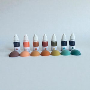 May include: A collection of seven small bottles of liquid dye in various colors, including brown, orange, and green, with matching half-sphere color samples. The bottles have white caps and labels. The color samples are arranged in a row below the bottles.