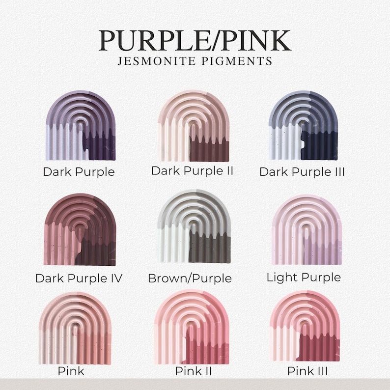 May include: A collection of nine arched Jesmonite pigment samples labeled PURPLE/PINK JESMONITE PIGMENTS. Each arch features a ribbed texture with varying color combinations including Dark Purple, Dark Purple II, Dark Purple III, Dark Purple IV, Brown/Purple, Light Purple, Pink, Pink II, and Pink III.