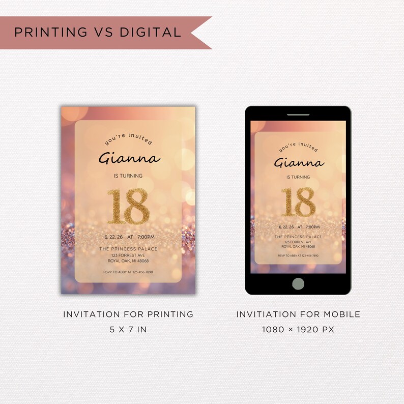 Gold Glitter 18th Birthday Invitation • Editable Canva Template (5x7 ...