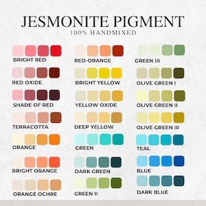 May include: A Jesmonite pigment color chart featuring 100% handmixed labels. The grid displays rows of color swatches in various shades including bright red, red oxide, terracotta, orange, yellow, green, teal, blue, and dark blue tones.