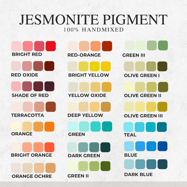 May include: A Jesmonite pigment color chart featuring 100% handmixed labels. The grid displays rows of color swatches in various shades including bright red, red oxide, terracotta, orange, yellow, green, teal, blue, and dark blue tones.