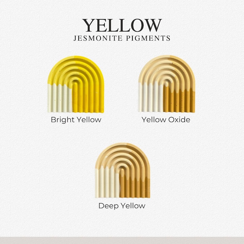 May include: Three arched, ribbed Jesmonite samples displaying yellow pigment variations. The top left is labeled Bright Yellow, the top right is Yellow Oxide, and the bottom center is Deep Yellow. Each arch features a white base transitioning into a solid yellow tone.
