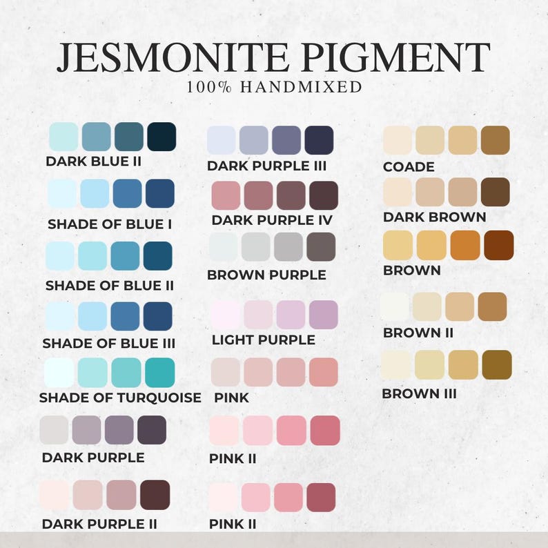 May include: A Jesmonite pigment color chart featuring 100% handmixed labels. The display shows rows of four color swatches ranging from light to dark for various shades of blue, turquoise, purple, pink, and brown, each labeled with its specific name.