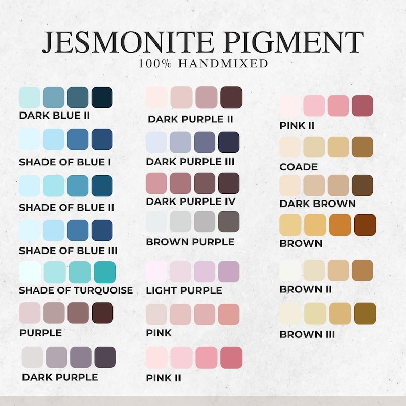 May include: A Jesmonite pigment color chart featuring 100% handmixed labels. The image displays rows of four-square color gradients in various shades of blue, turquoise, purple, pink, and brown, each labeled with its specific color name.