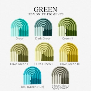 May include: A color chart titled GREEN JESMONITE PIGMENTS displaying eight arched, ribbed samples in various shades. Labels include Green, Dark Green, Green II, Olive Green I, Olive Green II, Olive Green III, Teal (Green Hue), and Muted Sage *grey hues*.