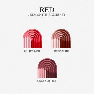 May include: Three arched, ribbed objects displaying Jesmonite pigments in red tones. The text reads RED JESMONITE PIGMENTS, with labels Bright Red, Red Oxide, and Shade of Red beneath each corresponding arched shape showing color variations.