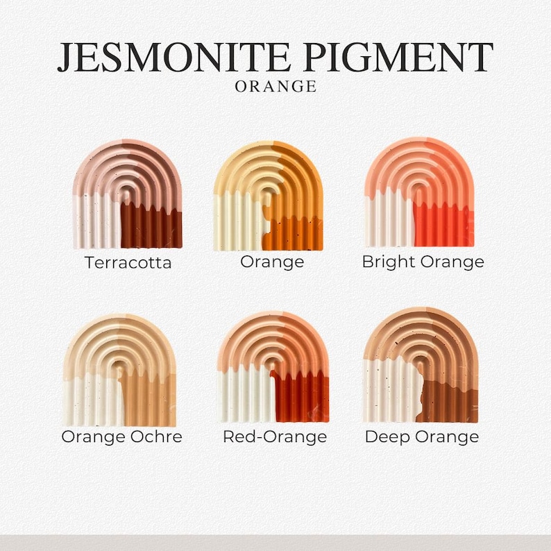May include: Six arched Jesmonite pigment samples labeled Terracotta, Orange, Bright Orange, Orange Ochre, Red-Orange, and Deep Orange. Each arch features a two-tone color design with a textured, ribbed surface, displayed under the title JESMONITE PIGMENT ORANGE.